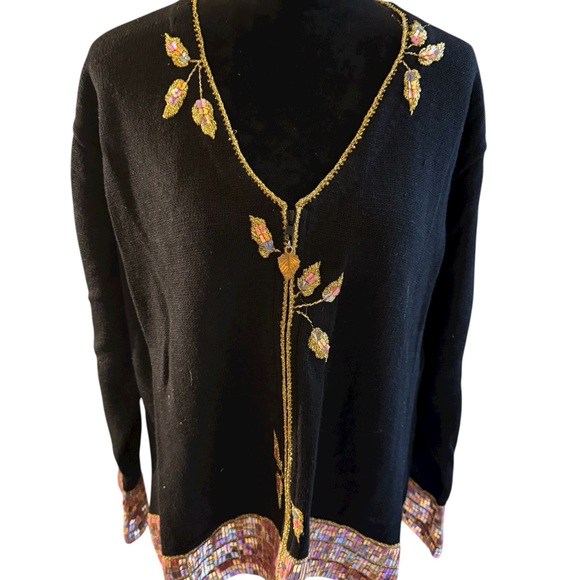 Storybook Knits Black Cardigan with Sequins Leaves - Picture 2 of 6
